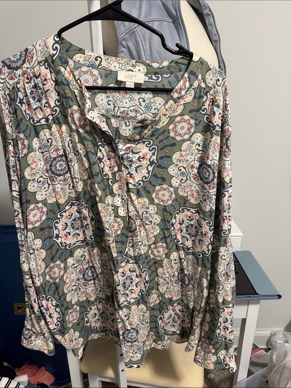 LOFT Olive Floral Paisley Button-Down Blouse with Cream & Navy Accents